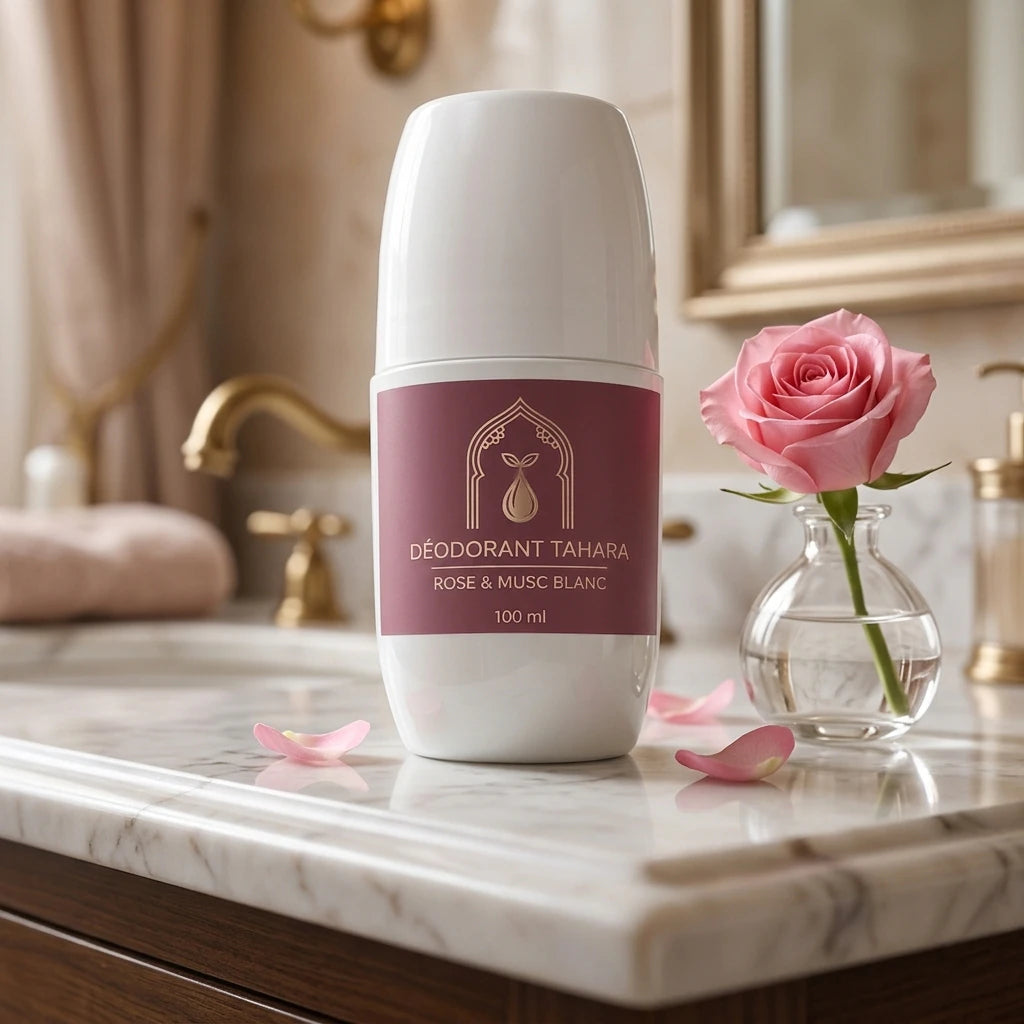 Déodorant Tahara stick blanc avec bandeau rose, posé sur une table, 100 ml