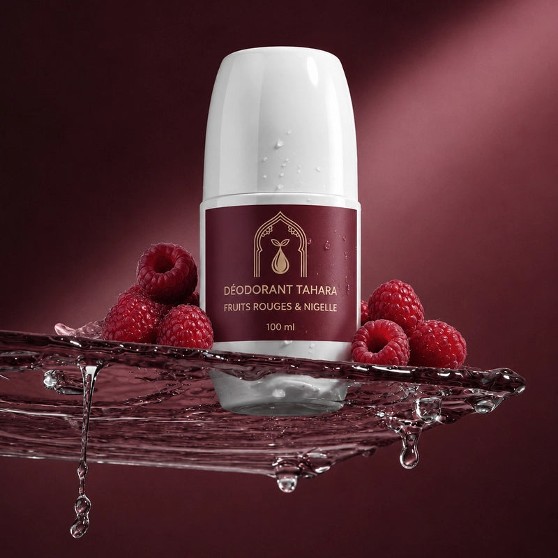 Déodorant Tahara blanc à étiquette bordeaux, 100 ml, sur eau et gel.
