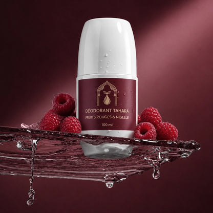 Déodorant Tahara blanc à étiquette bordeaux, 100 ml, sur eau et gel.