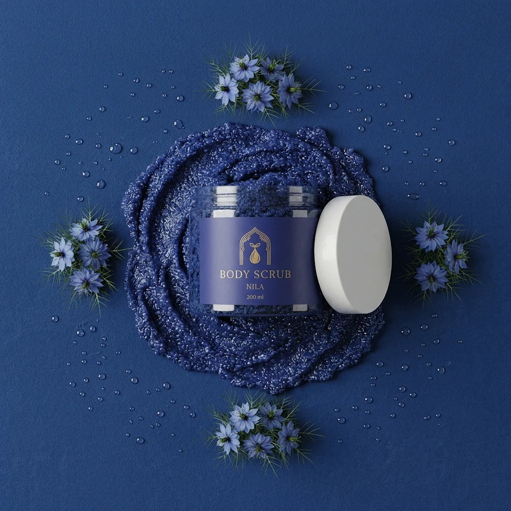 Pot de gommage corps Nila bleu foncé avec couvercle blanc, surface granuleuse