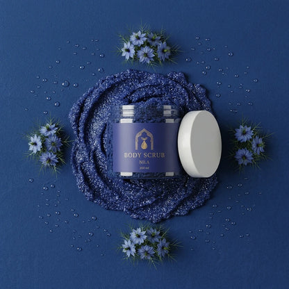 Pot de gommage corps Nila bleu foncé avec couvercle blanc, surface granuleuse