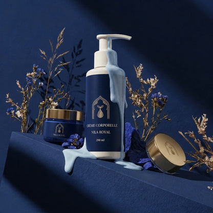 Crème corporelle en flacon pompe bleu nuit et pot assorti, 200 ml