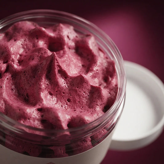 Texture de karité chantilly framboise-coco, crème rose mousseuse dans un bocal.