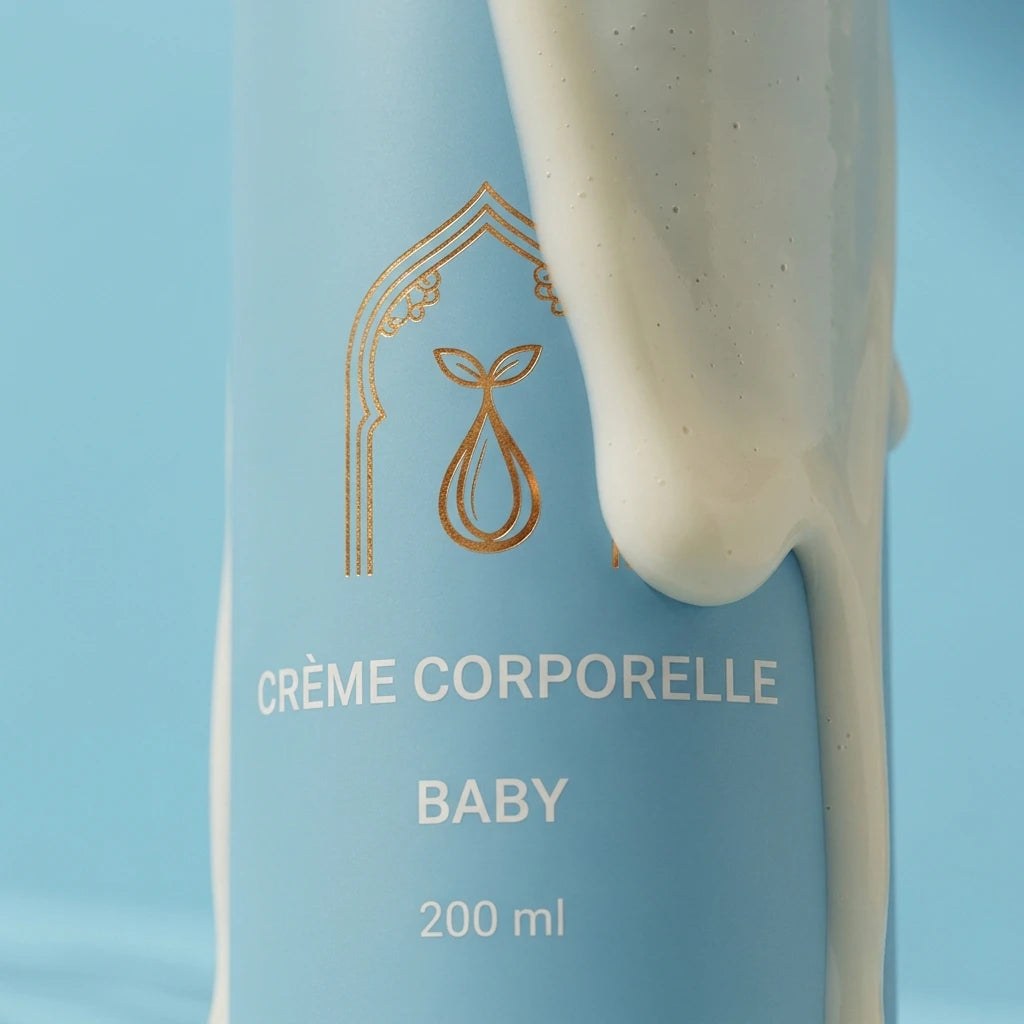 Flacon de crème corporelle Baby : étiquette dorée sur fond bleu, goutte de crème.