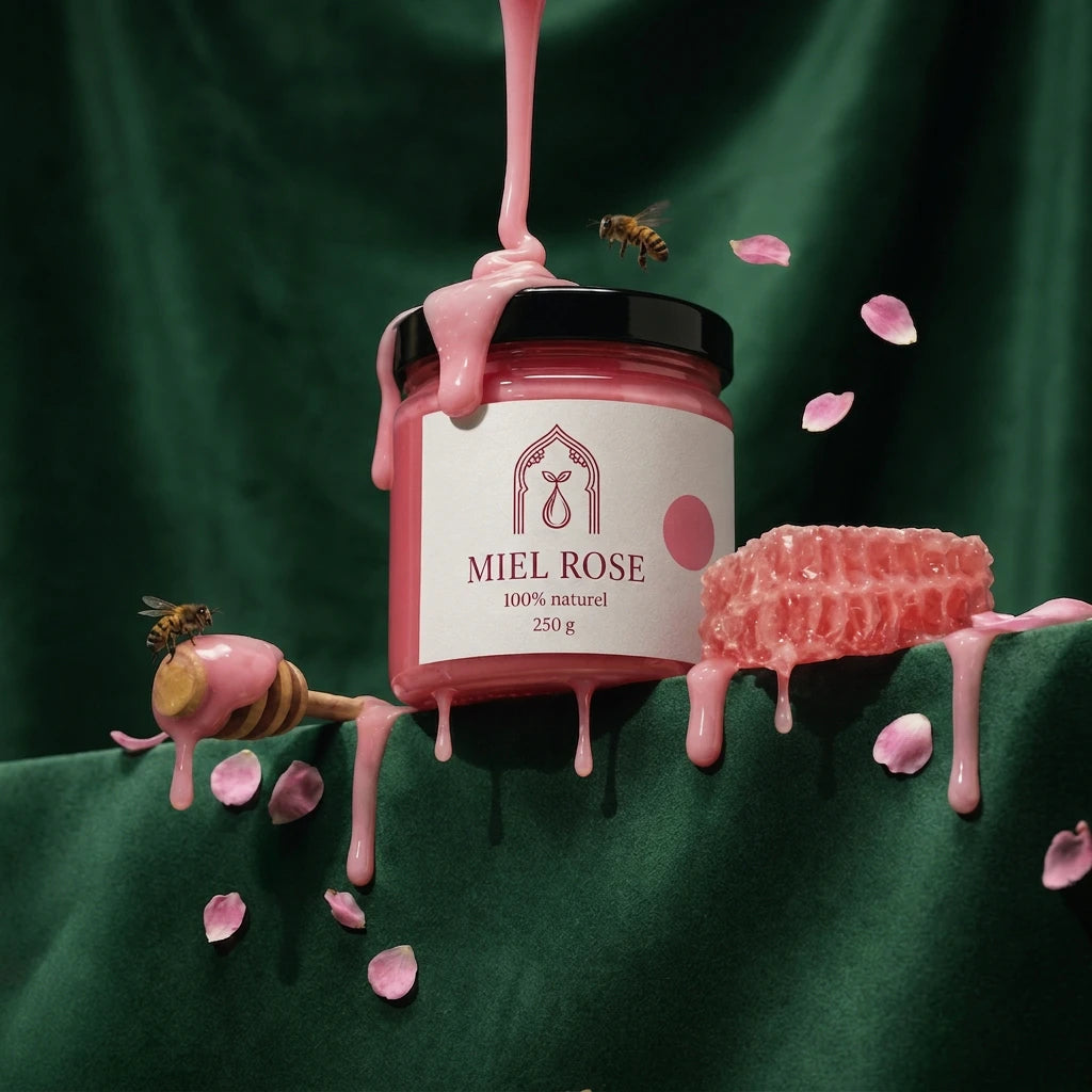 Pot de miel rose 250 g avec couvercle noir, filet de miel rose qui coule