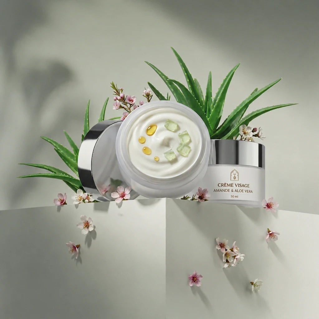 Pot de crème visage ouvert avec texture blanche et perles dorées, couvercle argent