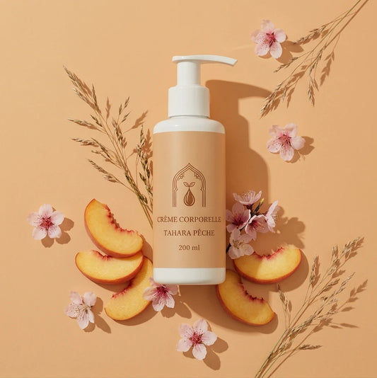 Flacon de crème pour le corps beige Tahara Pêche, pompe blanche, 200 ml