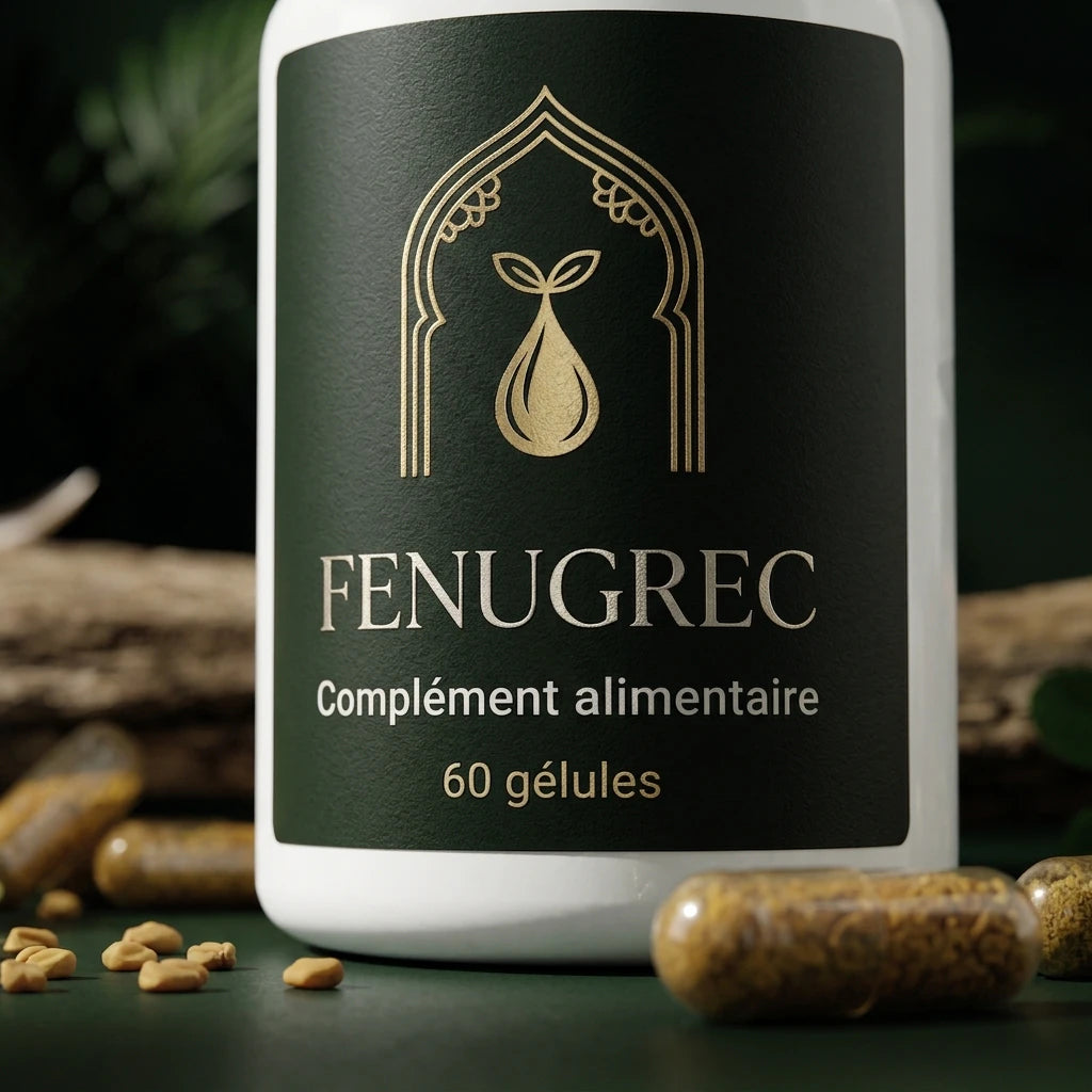 Étiquette Fenugrec « Complément alimentaire », 60 gélules, vue rapprochée