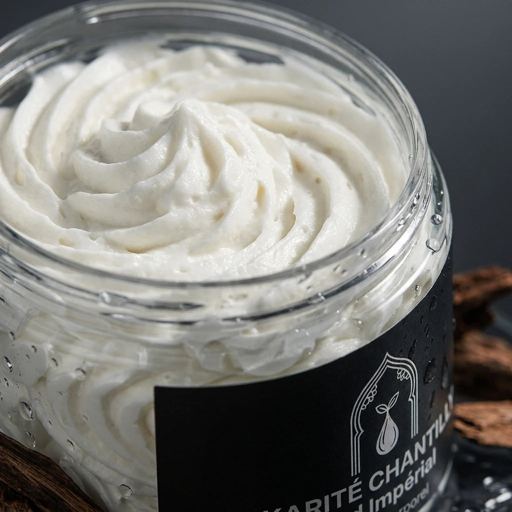 Beurre corporel blanc et texture fouettée, pot en verre avec étiquette noire.