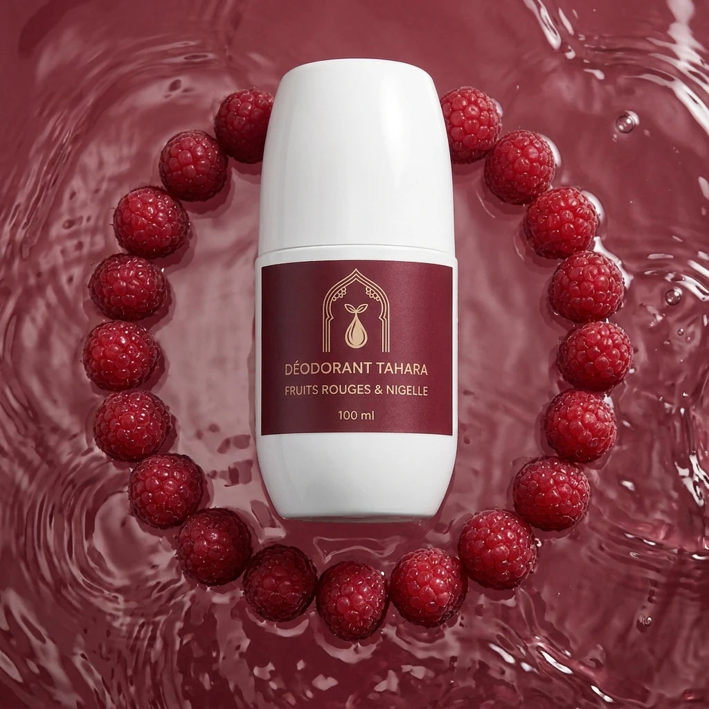 Déodorant Tahara blanc et étiquette bordeaux, 100 ml, entouré de framboises.
