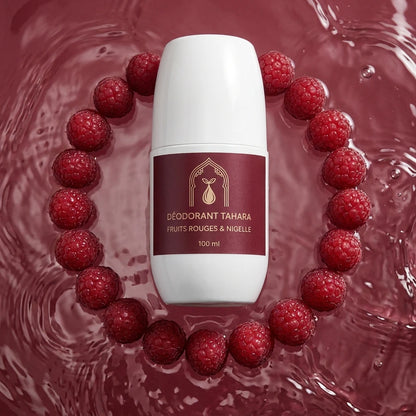 Déodorant Tahara blanc et étiquette bordeaux, 100 ml, entouré de framboises.
