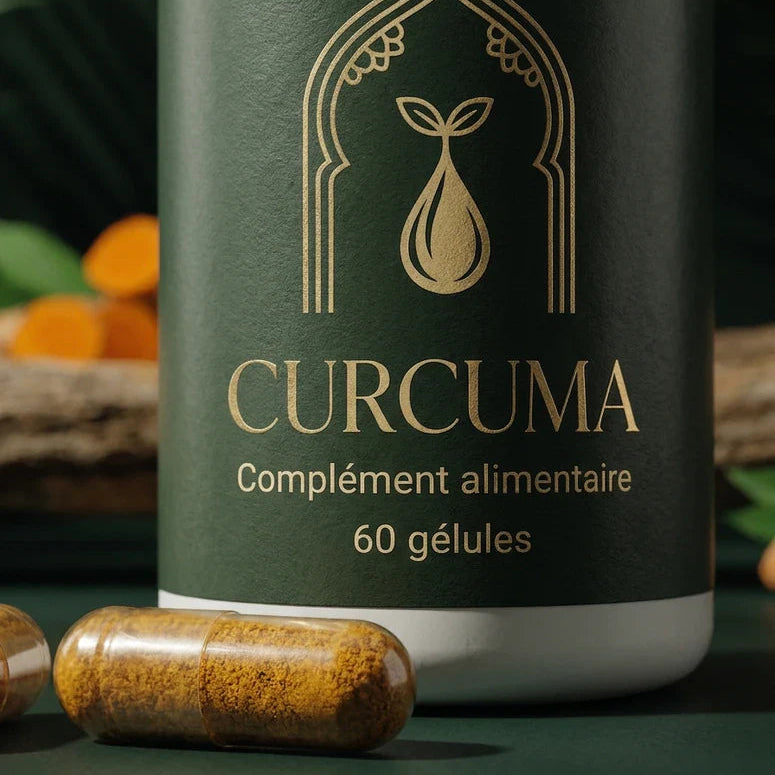 Flacon de complément alimentaire au curcuma vert foncé, étiquette dorée, 60 gélules.