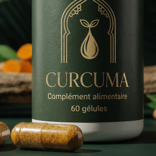 Flacon de complément alimentaire au curcuma vert foncé, étiquette dorée, 60 gélules.