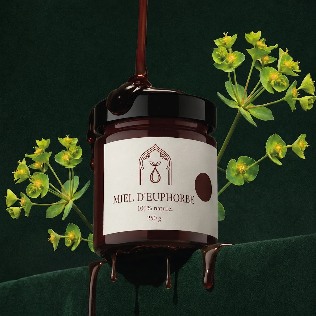 Pot de miel d’euphorbe ambré, couvercle noir, étiquette blanche 250 g, filet de miel