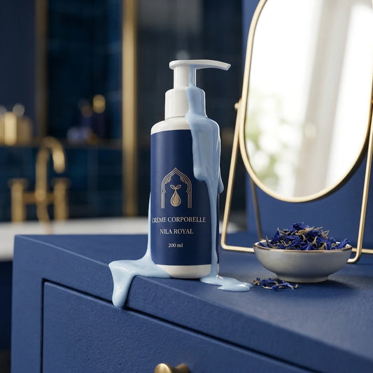 Crème corporelle Nila Royal en flacon pompe bleu et blanc, 200 ml