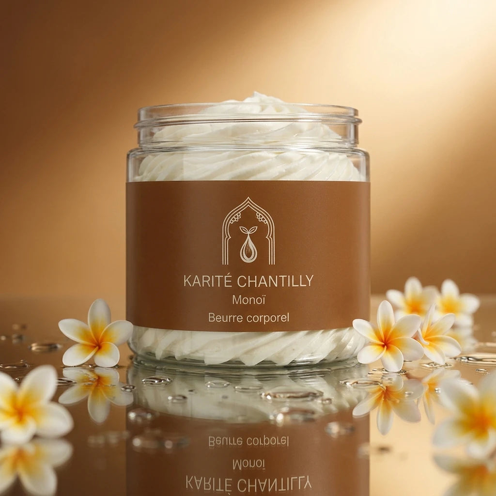 Pot en verre de beurre de karité chantilly au monoï, crème blanche, étiquette brune.