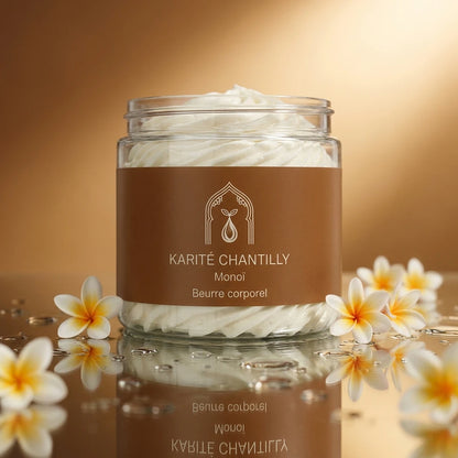 Pot en verre de beurre de karité chantilly au monoï, crème blanche, étiquette brune.