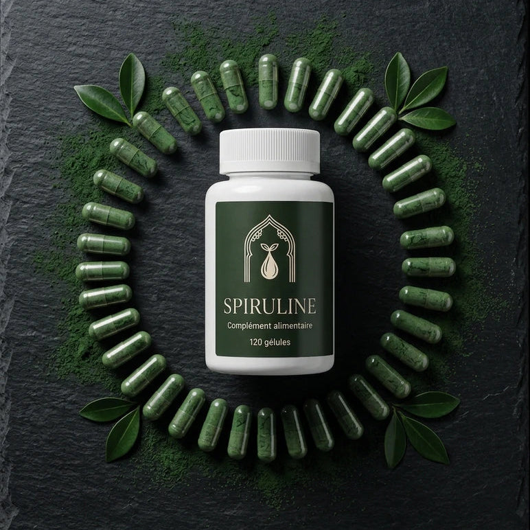 Flacon Spiruline au centre, gélules vertes et feuilles autour.