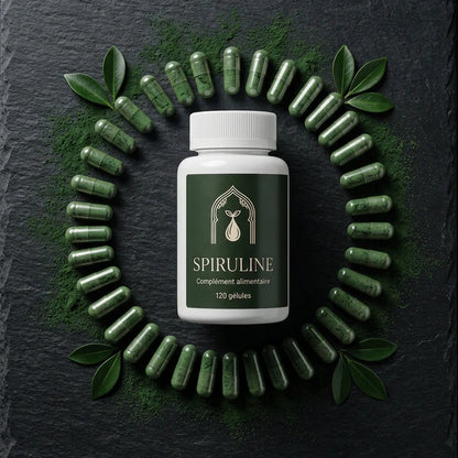 Flacon Spiruline au centre, gélules vertes et feuilles autour.