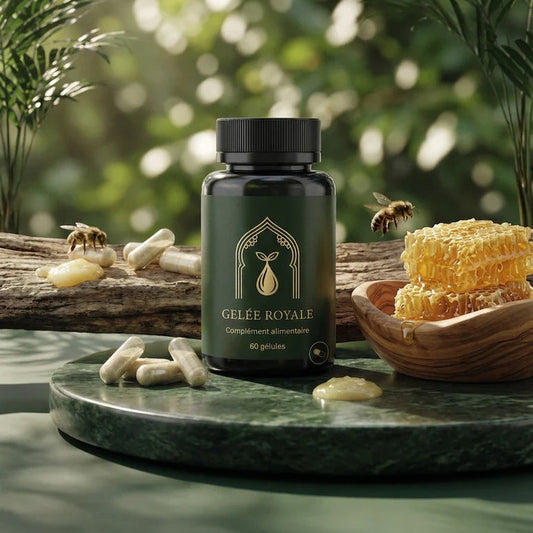 Bouteille de Gelée royale avec gélules et bol de gelée, sur support en bois