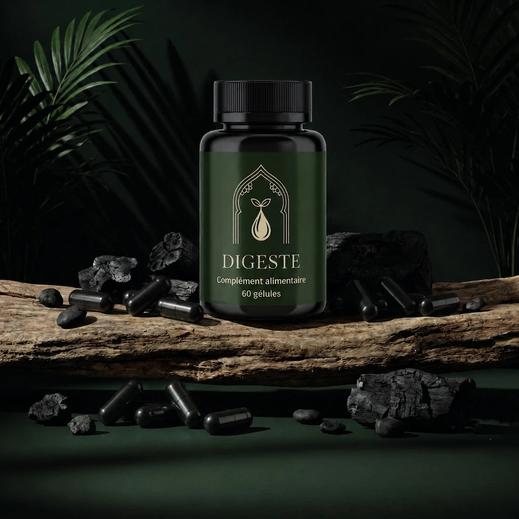 Bouteille Digeste vert foncé, bouchon noir, étiquette, gélules noires, 60 gélules