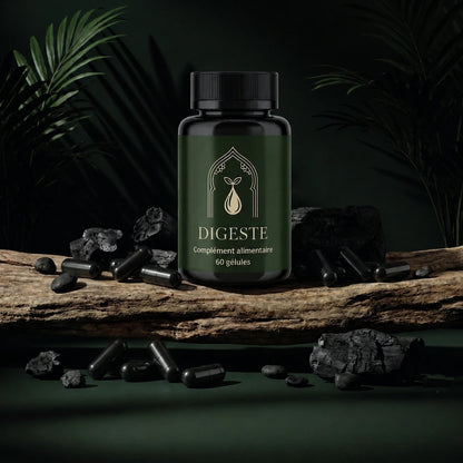 Bouteille Digeste vert foncé, bouchon noir, étiquette, gélules noires, 60 gélules