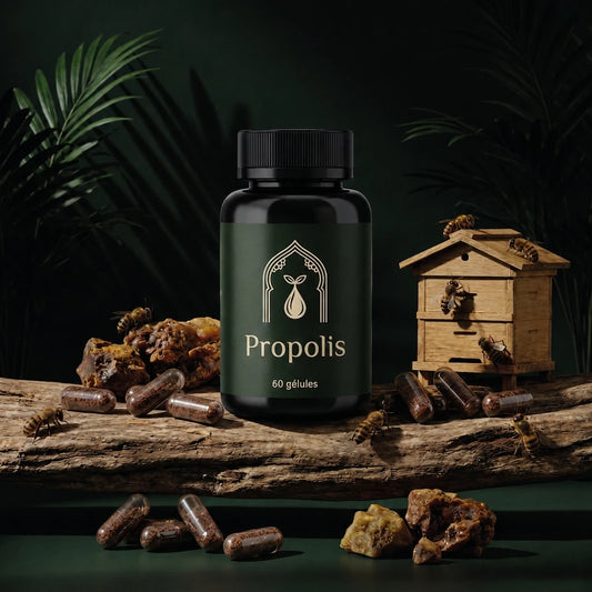 Bouteille de propolis 60 gélules avec gélules brunes et morceaux de propolis