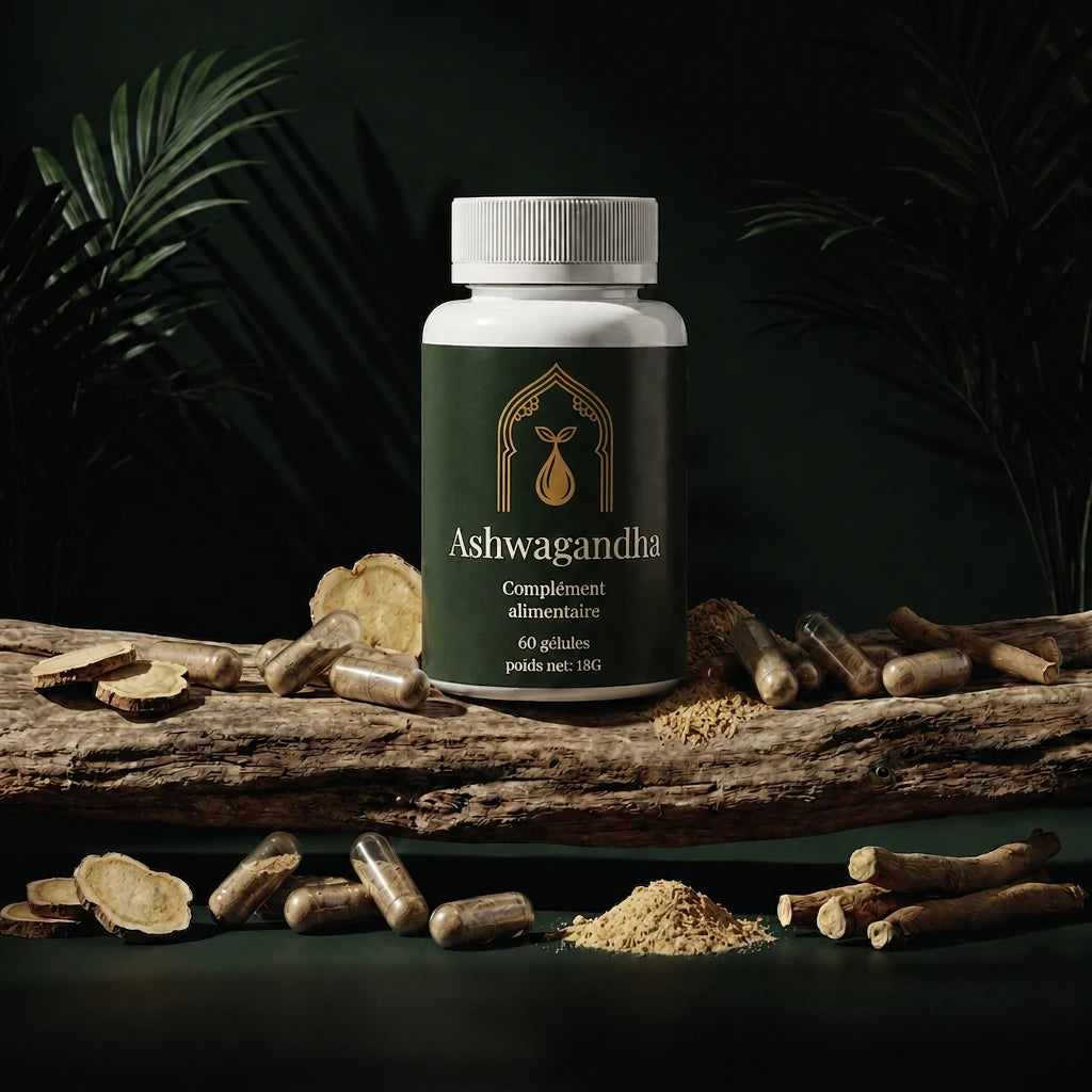 Bocal de complément alimentaire Ashwagandha vert sur bûche, entouré de gélules et poudre.