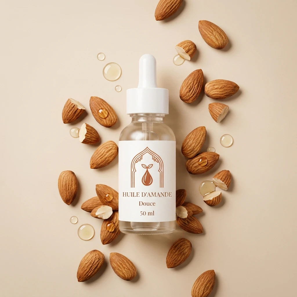Flacon d’huile d’amande douce 50 ml au centre, compte-gouttes, entouré d’amandes entières.