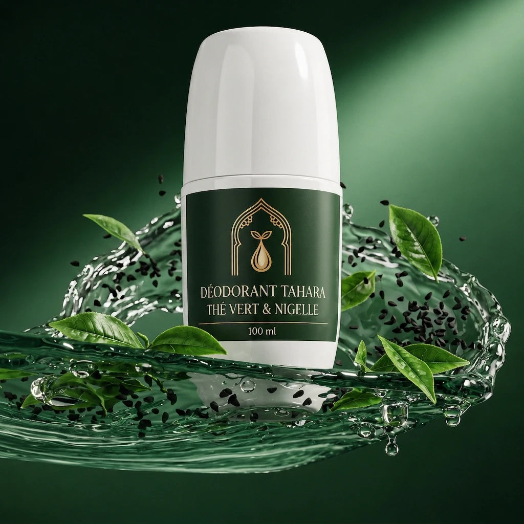 Déodorant Tahara blanc, étiquette verte «Déodorant Tahara», motif doré, 100 ml.