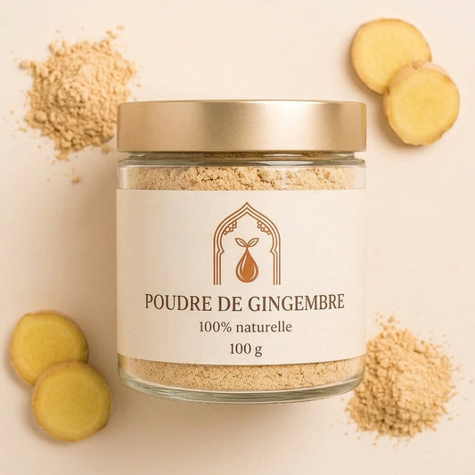 Bocal en verre de poudre de gingembre beige, couvercle doré, 100 g