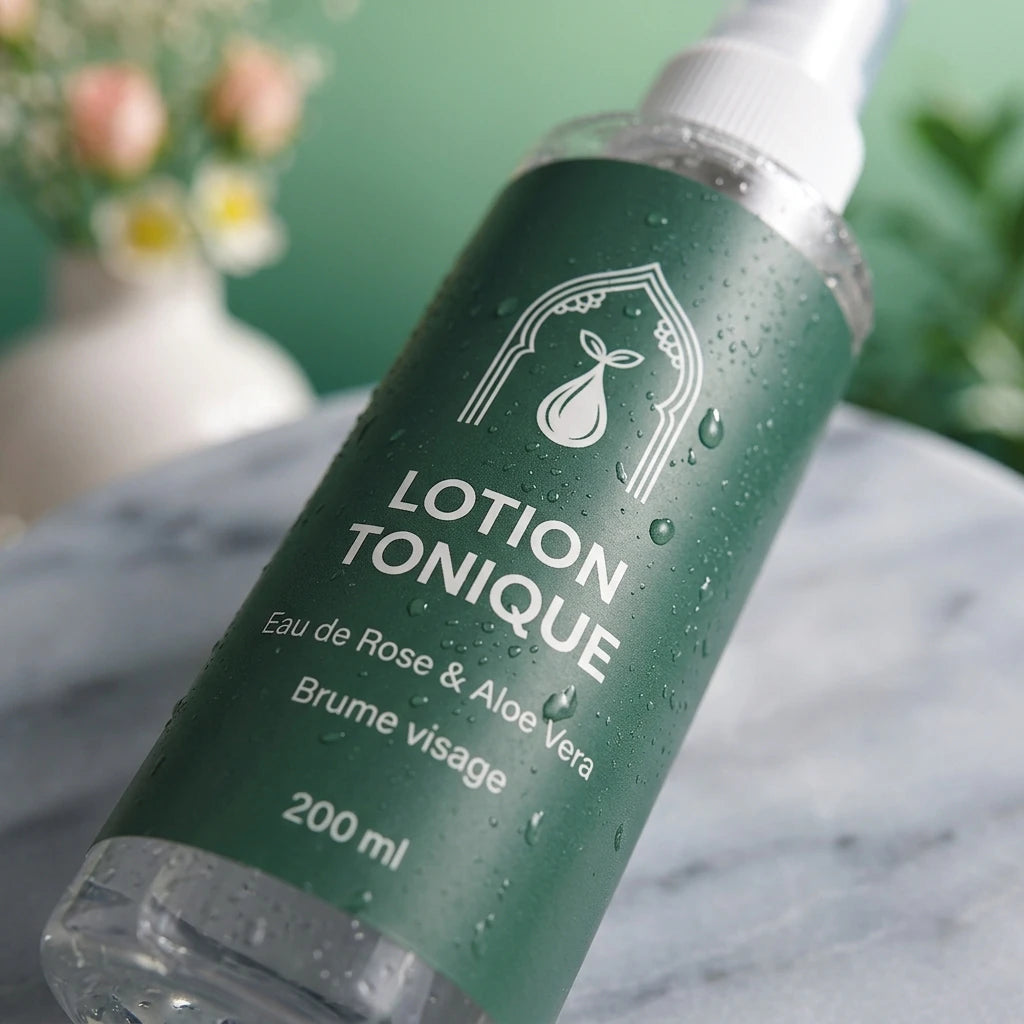 Gros plan sur flacon de lotion tonique vert à spray : « LOTION TONIQUE », « Eau de Rose & Aloe Vera ».