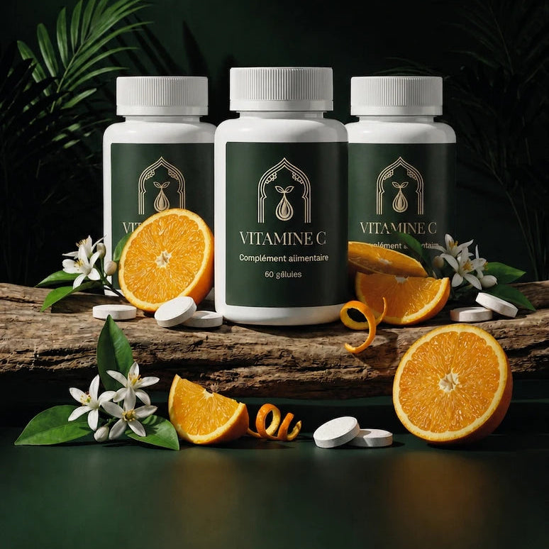 Lot de trois bocaux verts Vitamine C avec gélules et oranges coupées