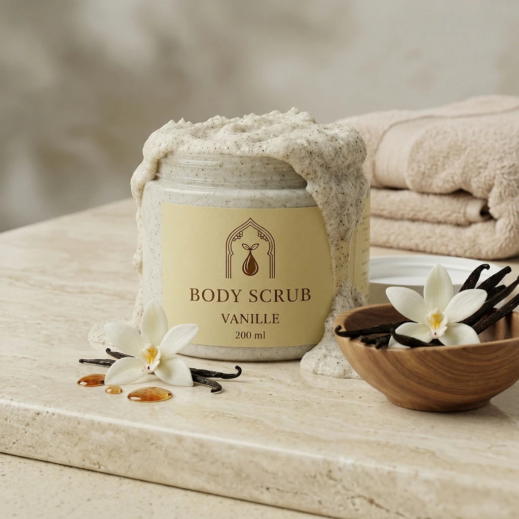 Pot de gommage pour le corps à la vanille 200 ml, pâte granuleuse beige autour du pot.