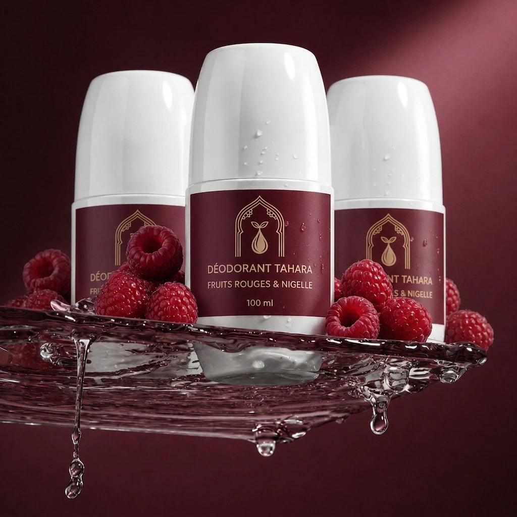 Ensemble de trois déodorants Tahara blancs à étiquette bordeaux, 100 ml.