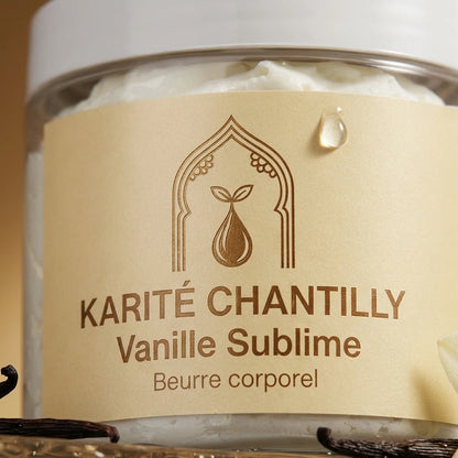 Pot de beurre corporel en verre, étiquette « Karité Chantilly Vanille Sublime »
