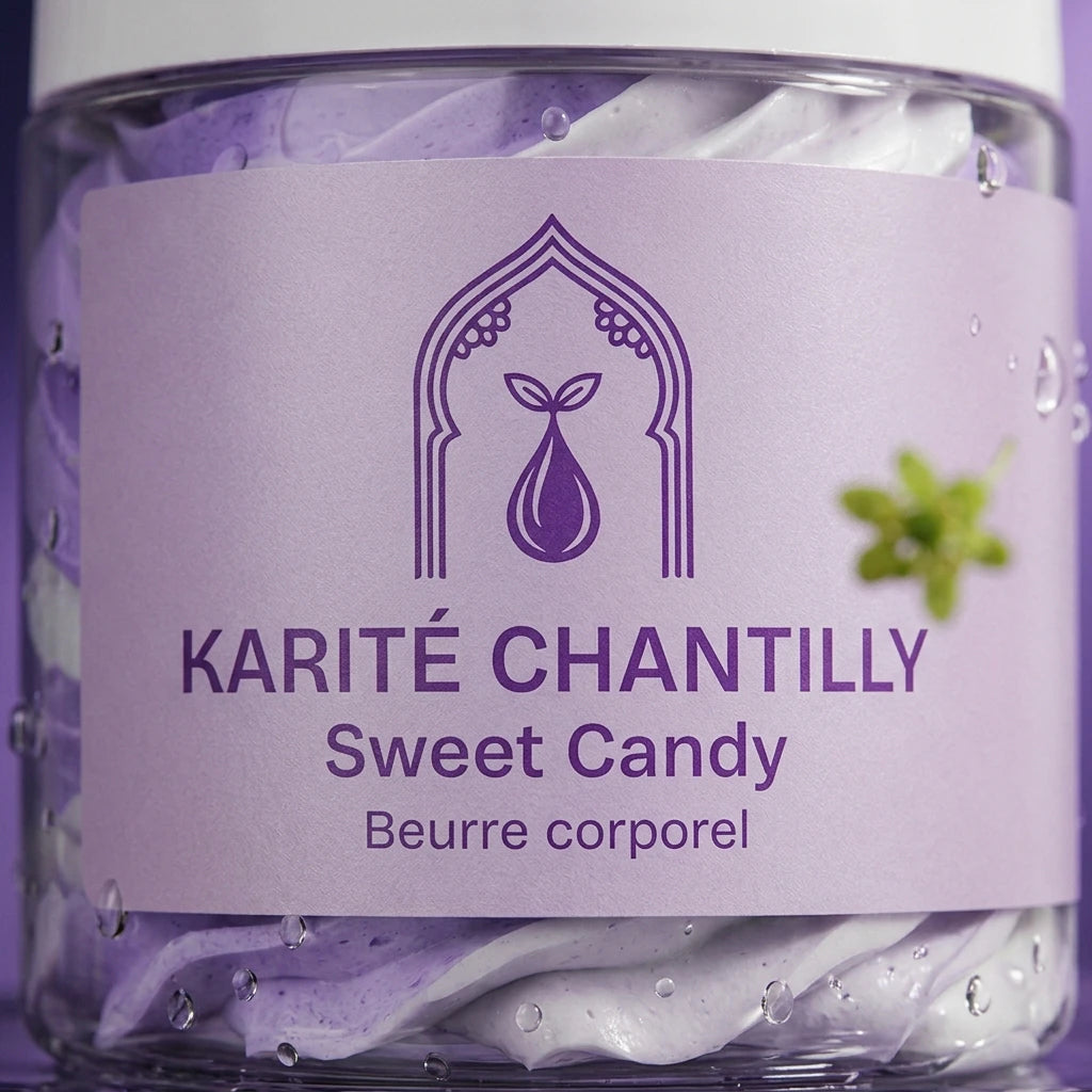 Pot de beurre corporel Sweet Candy, étiquette violette, grosses gouttes visibles.
