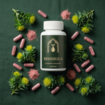 Flacon Rhodiola 60 gélules au centre, capsules roses et fleurs vertes autour.