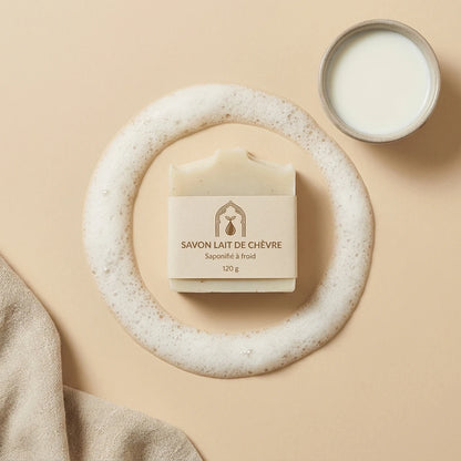 Savon au lait de chèvre blanc, emballage crème avec étiquette, 120 g