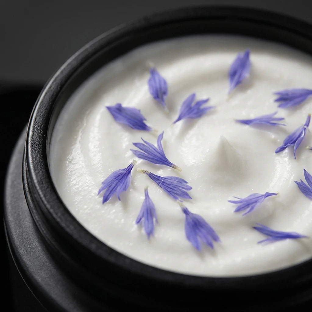Pot de crème visage à la nigelle noir, crème blanche parsemée de fleurs violettes