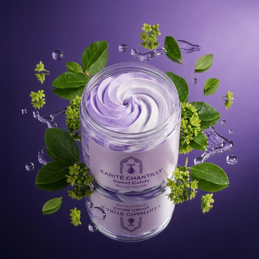Pot de beurre corporel au karité ouvert, tourbillon violet, étiquette Sweet Candy.