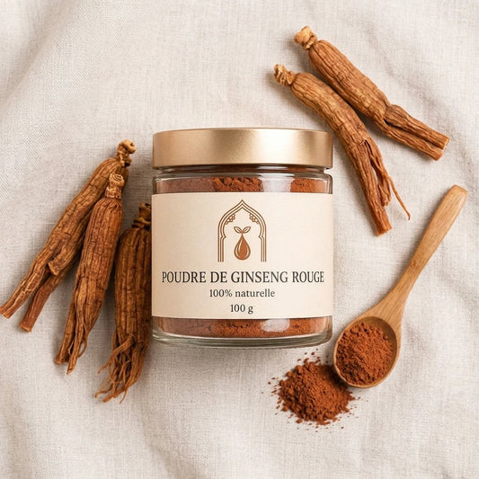 Pot de poudre de ginseng rouge avec racines séchées et cuillère en bois, 100 g