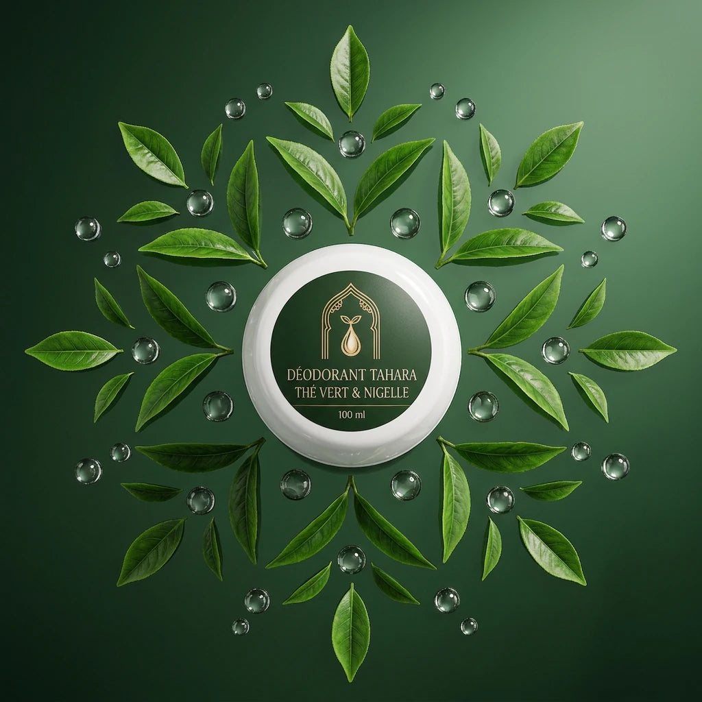 Boîtier rond de déodorant Tahara, couvercle blanc, étiquette verte, 100 ml.
