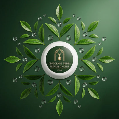 Boîtier rond de déodorant Tahara, couvercle blanc, étiquette verte, 100 ml.