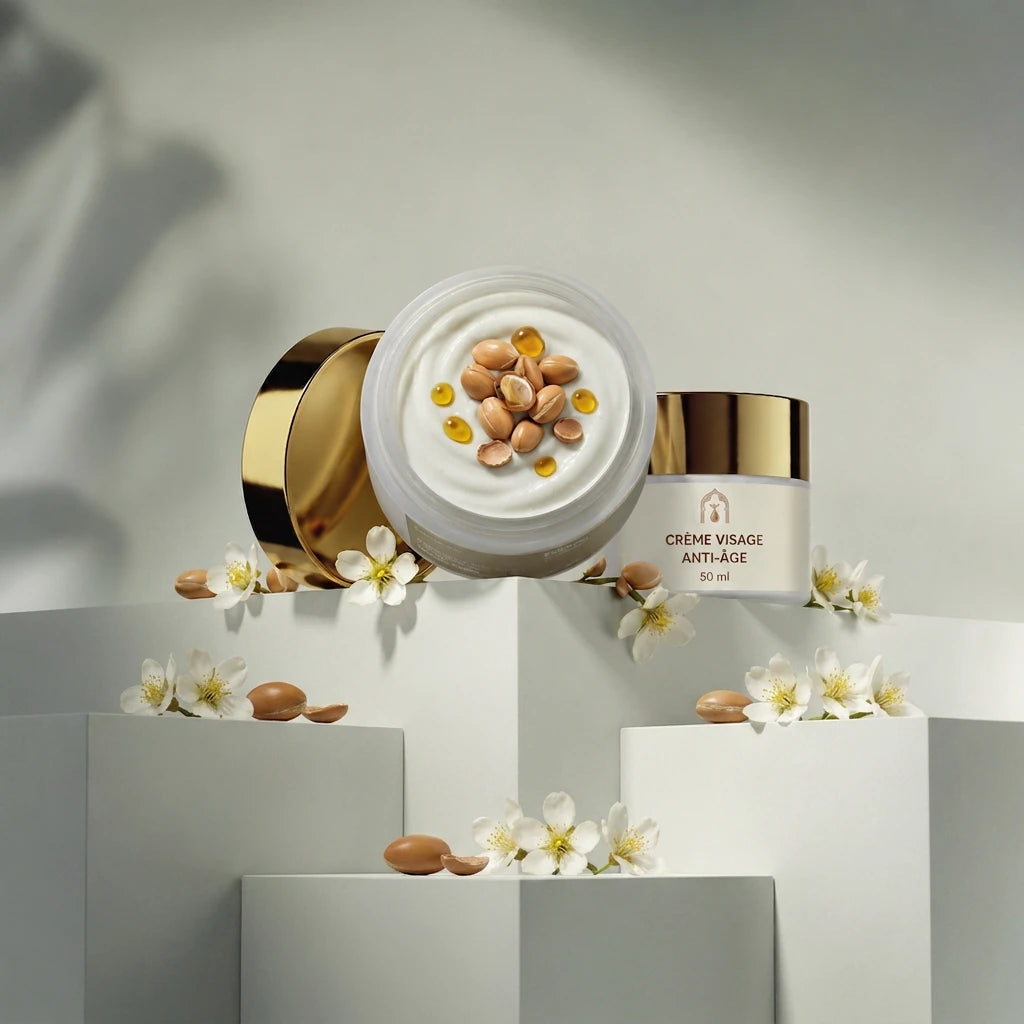 Pot de crème visage anti-âge blanche, couvercle doré, vue rapprochée