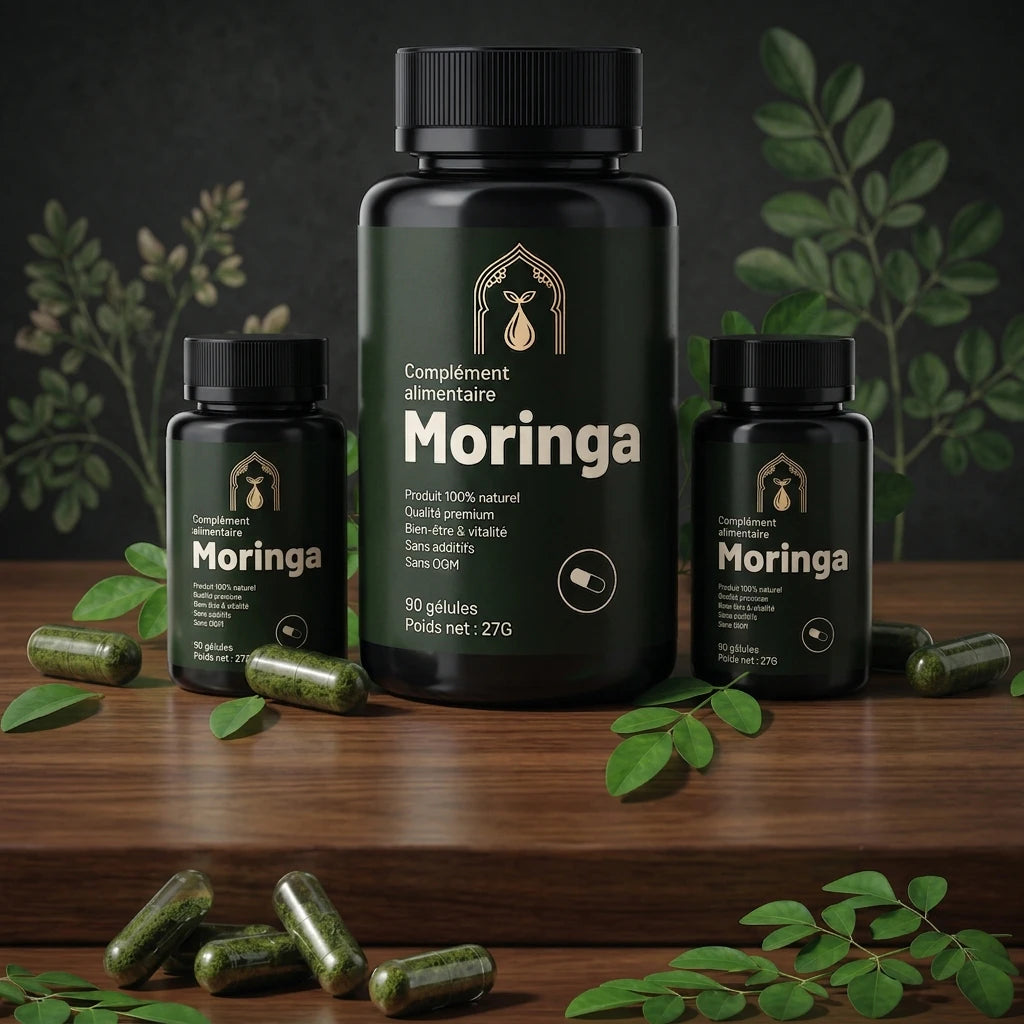 Ensemble de bouteilles de gélules de moringa (tailles différentes) avec capsules vertes.