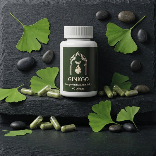 Bocal blanc au ginkgo, étiquette vert doré, gélules vertes et feuilles de ginkgo vertes