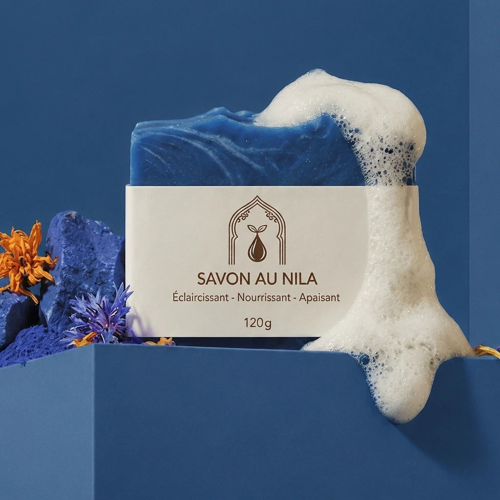 Savon bleu avec mousse blanche et étiquette beige « SAVON AU NILA », 120 g.