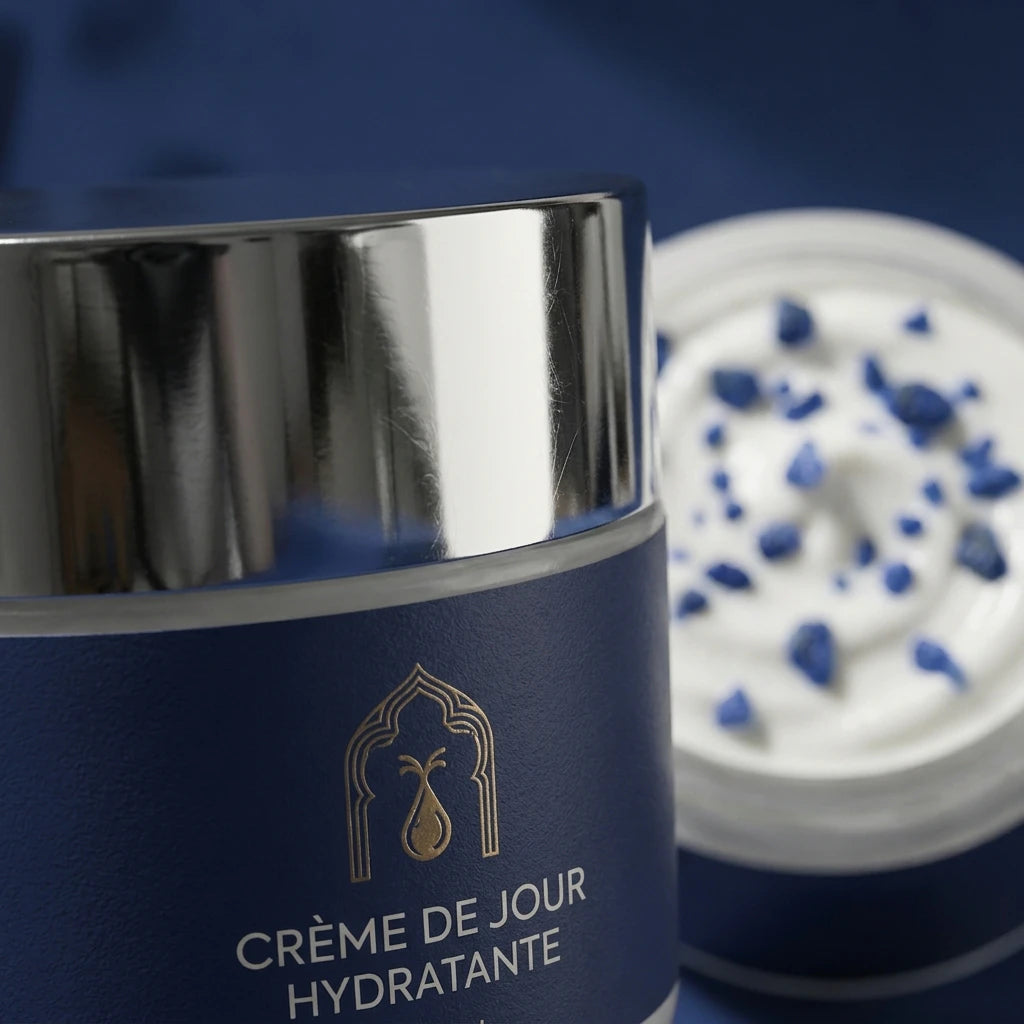 Pot de crème de jour hydratante avec logo doré, vue rapprochée du couvercle et de la crème bleue