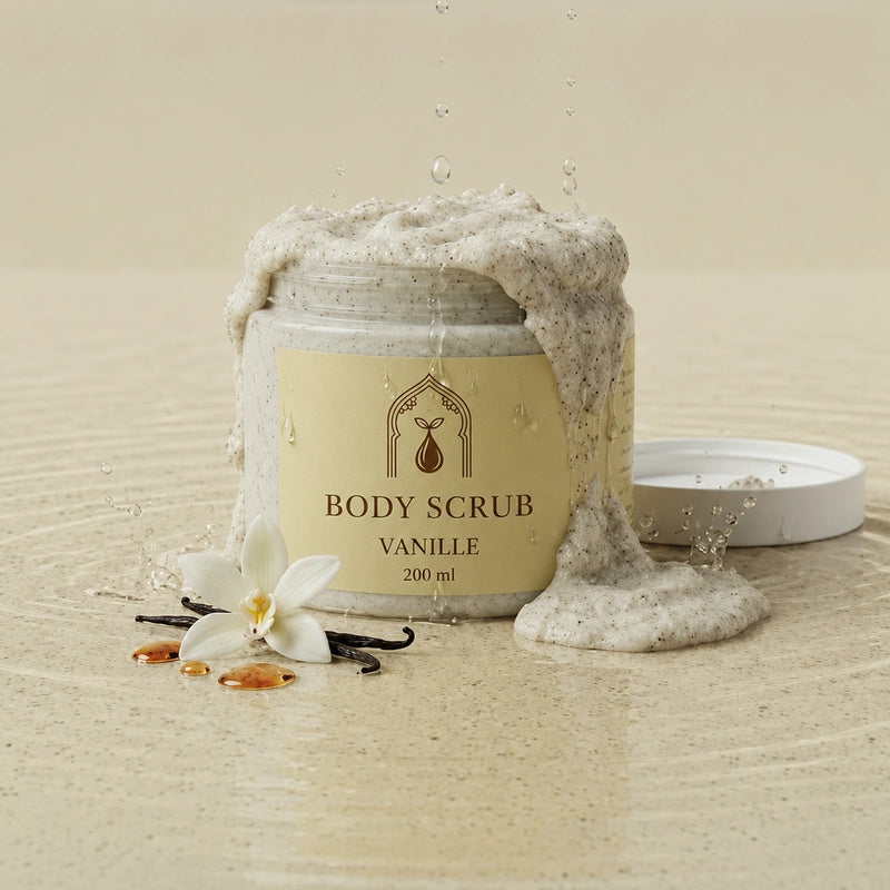 Pot de gommage pour le corps à la vanille 200 ml, dépôt exfoliant beige avec petites particules.